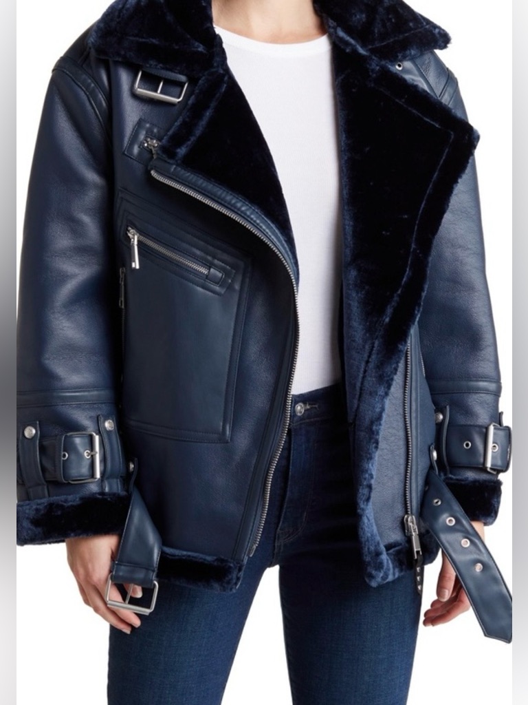 Nwt Rebecca Minkoff Navy Blue Faux Leather Faux Fur Oversized Moto Jacket S